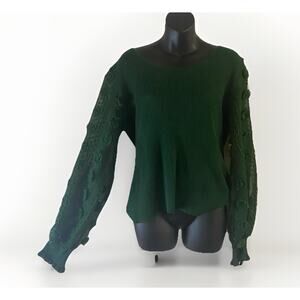 No Boundaries Women XL(15/17) Green Sweater Floral Embellished Sheer Sleeve Top